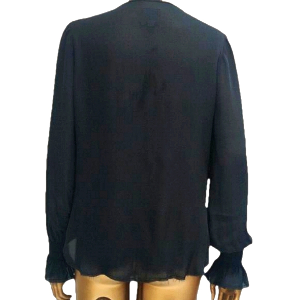 Black Silk Long Sleeve Ruffle Raw Edge Button Up Gothic Blouse Corporate Goth - Picture 6 of 8